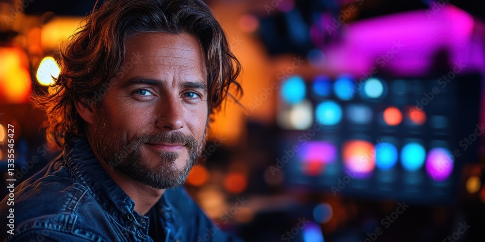 Naklejka premium A content creator is focused on their work in a vibrant studio filled with colorful lights and various digital tools. The atmosphere is creative and inspiring, reflecting productivity