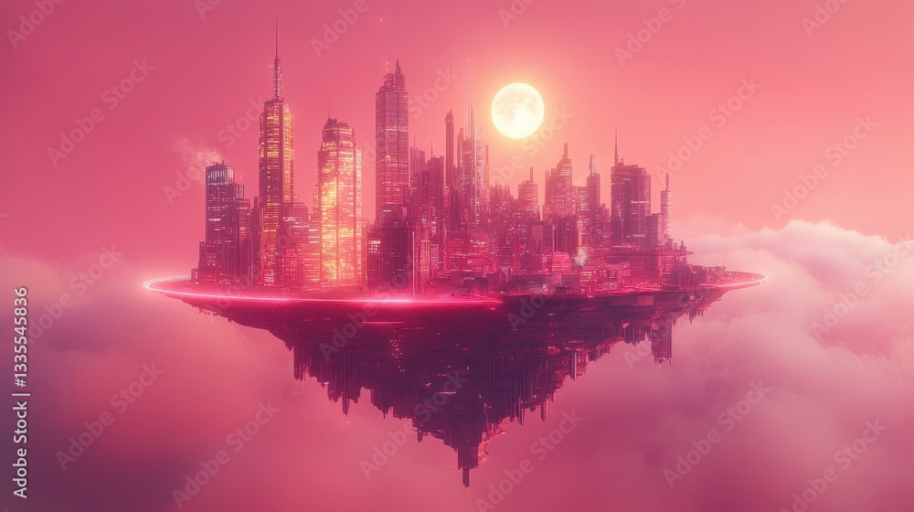Fototapeta premium A futuristic city floats above the clouds under a vibrant sky