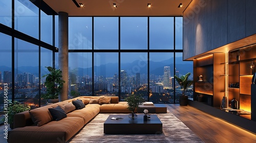 Luxurious penthouse living room. Panoramic city views