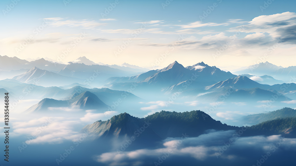 Distant mountain range covered in mist scenic wallpaper background nature tranquil environment wide viewpoint relaxing concept Distant mountain range covered in mist scenic wallpaper background nature tranquil environment wide viewpoint relaxing concept