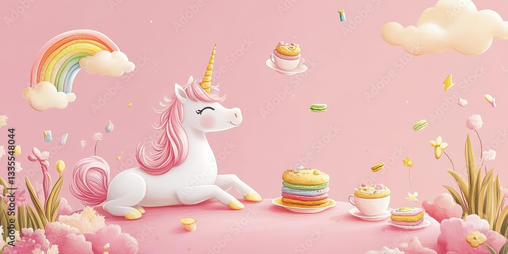 Obraz premium An Adorable Unicorn Surrounded By Cakes Rainbows And Sweet Delights