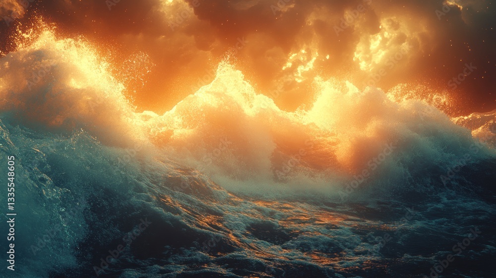 Fiery ocean waves crashing at sunset Fiery ocean waves crashing at sunset