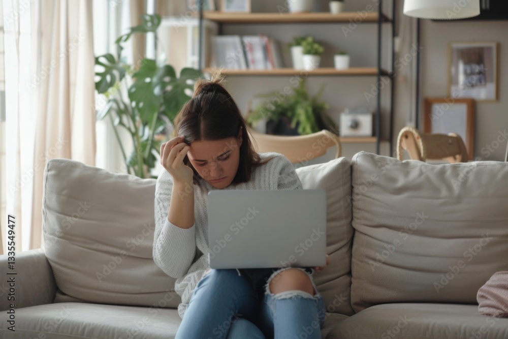 Stressed Woman Navigating Troubling News While Sitting on Sofa at Home in the Afternoon Stressed Woman Navigating Troubling News While Sitting on Sofa at Home in the Afternoon