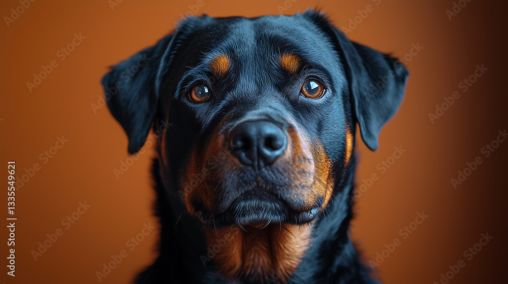 Obraz premium Powerful and muscular Rottweiler dog standing with an alert and confident gaze strong black and brown guard dog with fierce eyes and a serious expression in a detailed closeup portrait