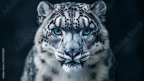 Fototapeta Powerful snow leopard with thick white and grey spotted fur and piercing blue eyes staring intensely in a dramatic closeup portrait of a fierce wild feline in a winter wilderness