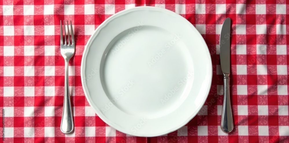 Empty ceramic plate sits centered on classic red and white checked tablecloth , simple, vintage Empty ceramic plate sits centered on classic red and white checked tablecloth , simple, vintage