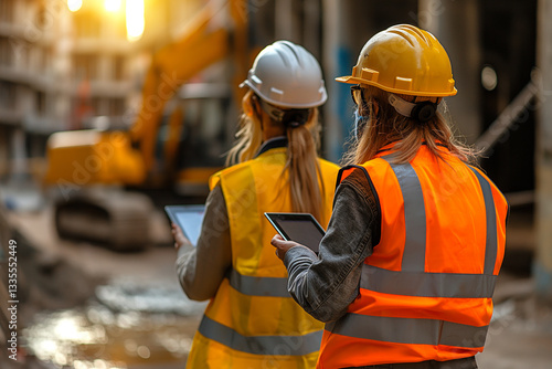 Two women wearing orange vests and hard hats are looking at a tablet