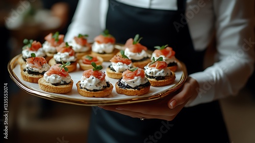 Waitress holding a tray of salmon canap?s.