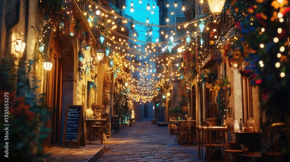 Obraz premium Enchanting alleyway adorned with glowing lights and charming cafes creates a magical ambiance