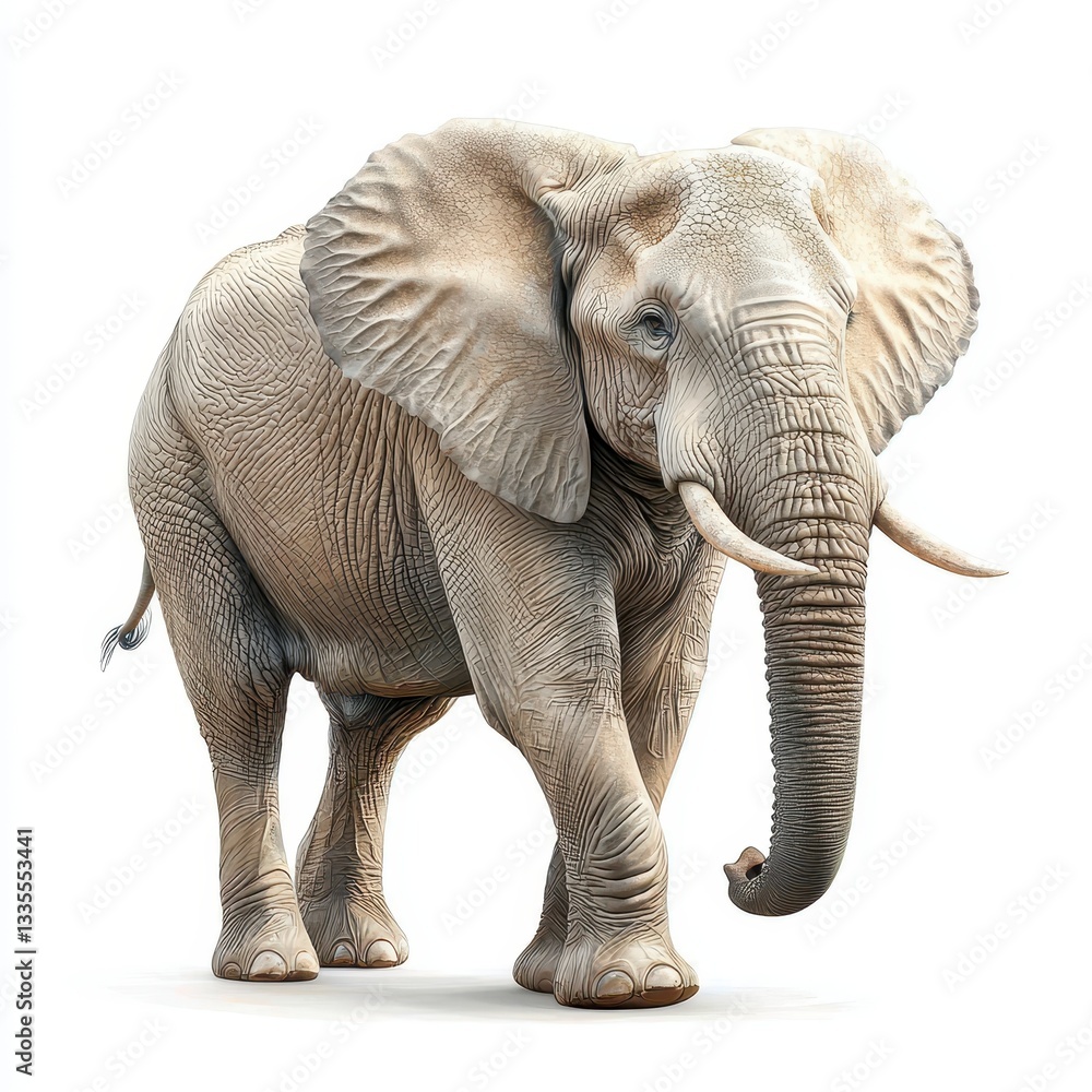 Obraz premium Realistic Elephant Walking Gracefully Against White Background