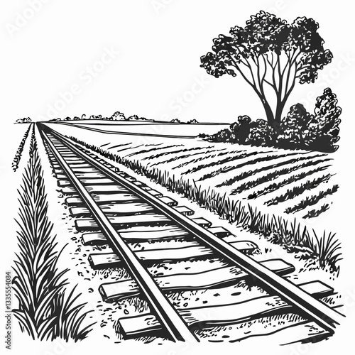 vintage Vector Rail line goes through the field