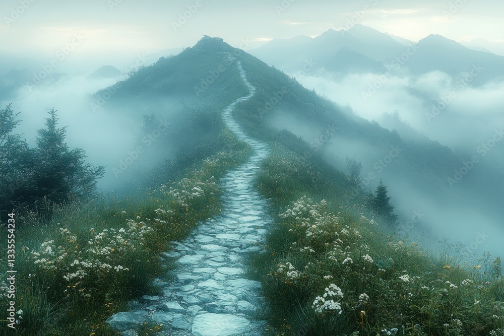 Misty Mountain Path Winding Through Lush Landscape Misty Mountain Path Winding Through Lush Landscape