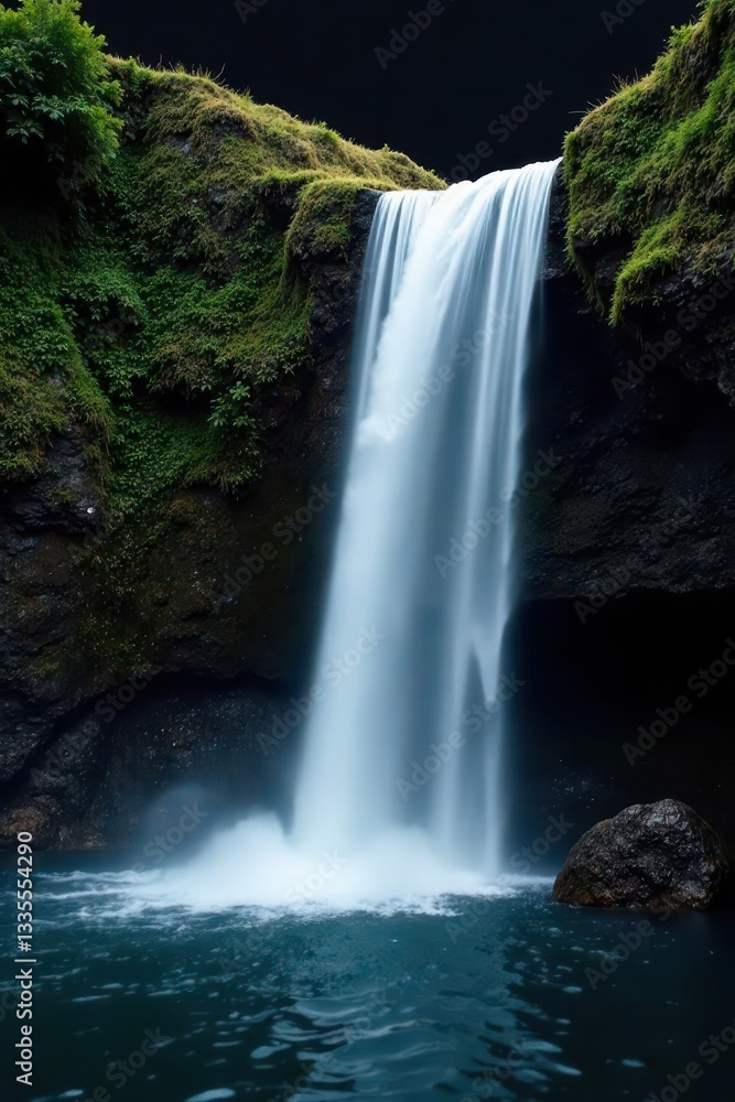 Fototapeta premium Isolated waterfall, cascading water, black background, powerful, clean