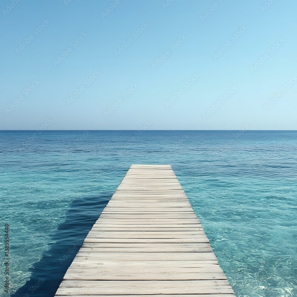 Tranquil Wooden Pier Extending into Turquoise Sea Under Clear Blue Sky Tranquil Wooden Pier Extending into Turquoise Sea Under Clear Blue Sky