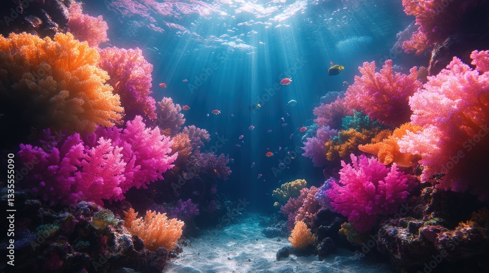 Naklejka premium Underwater vibrant coral reef, sunlight rays, colorful fish, ocean floor