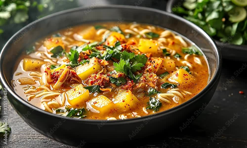 Delicious Vegetable Noodle Soup with Fresh Cilantro and Spices in a Bowl Garnished with Aromatic Herbs and Fresh Ingredients Delicious Vegetable Noodle Soup with Fresh Cilantro and Spices in a Bowl Garnished with Aromatic Herbs and Fresh Ingredients