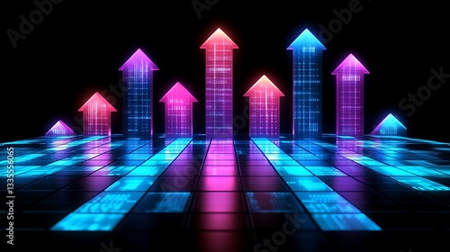 Neon arrows rising on digital floor.