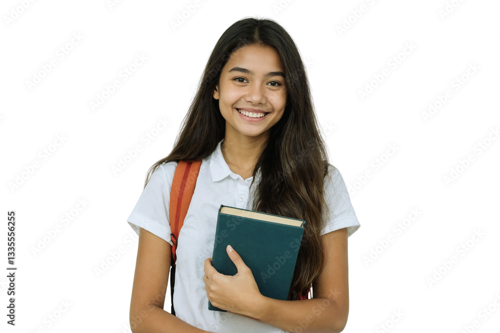 Smiling female student with backpack and holding a book,
Smiling female student with backpack and holding a book,