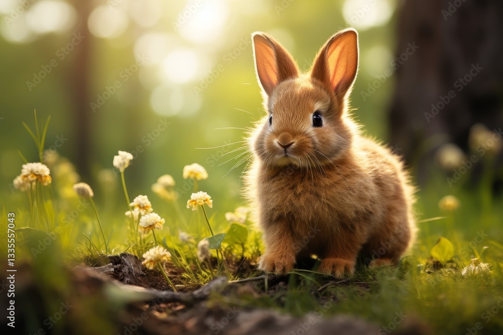 Fototapeta premium A cute rabbit wanders through lush grass with a soft bokeh background in stunning detail
