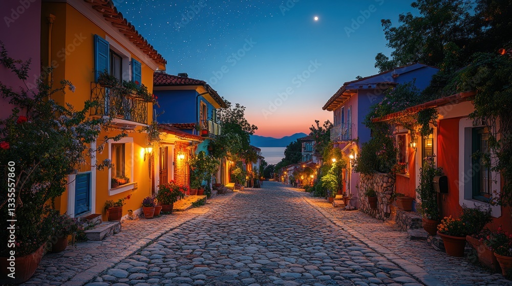 Obraz premium Colorful street at dusk, charming village, mountain view, perfect for travel brochure