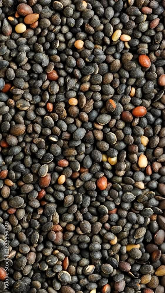 Various seeds scattered across a surface showcasing their natural colors and textures in a close-up view Various seeds scattered across a surface showcasing their natural colors and textures in a close-up view