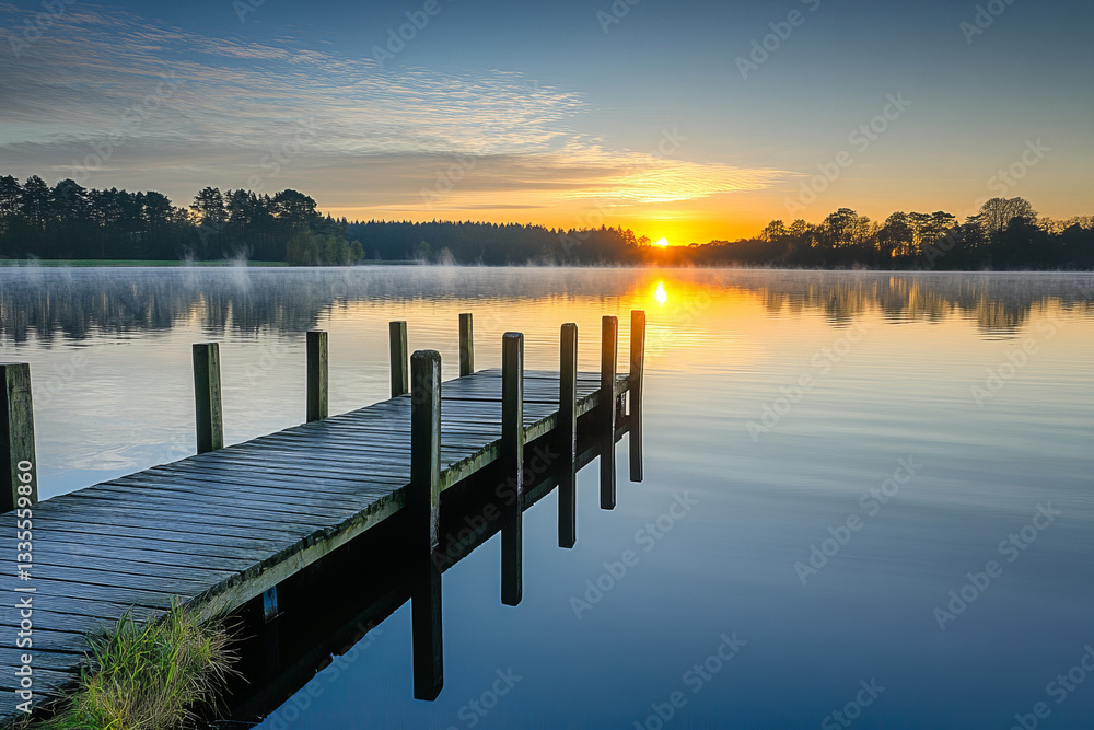 Wooden Pier on Misty Lake at Sunrise, Serene Morning Reflection Wooden Pier on Misty Lake at Sunrise, Serene Morning Reflection