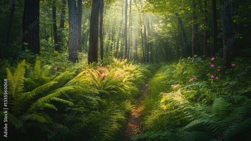 Fototapeta premium Sunlit Forest Path: A Serene Escape into Nature's Embrace