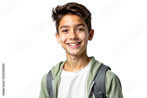 Smiling boy with backpack isolated on white background. Cheerful student portrait for education, back to school, or youth themes. photo