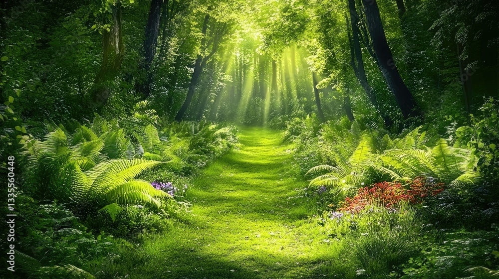 Obraz premium Enchanted Forest Path: A Sunlit Walk Through Lush Greenery