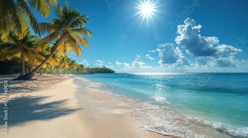 Wallpaper Mural Tropical beach paradise, sun shining, palm trees, calm water Torontodigital.ca