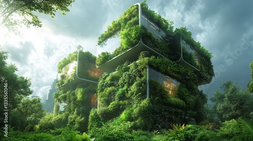 Wallpaper Mural Modern building seamlessly integrated into lush green nature, under a cloudy sky Torontodigital.ca