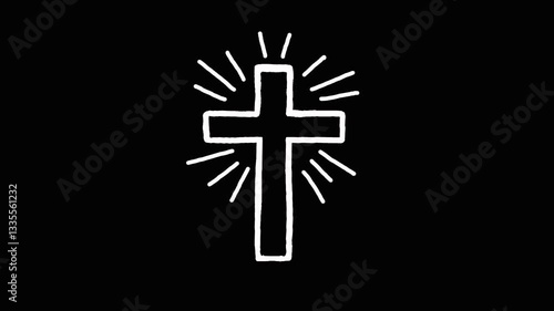White Christian cross sign sun starburst circle doodle hand draw stop motion animation on black background
