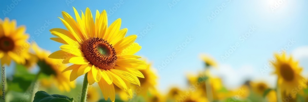Vibrant sunflowers basking in sunlight against a clear blue sky , summer, sunlight Vibrant sunflowers basking in sunlight against a clear blue sky , summer, sunlight
