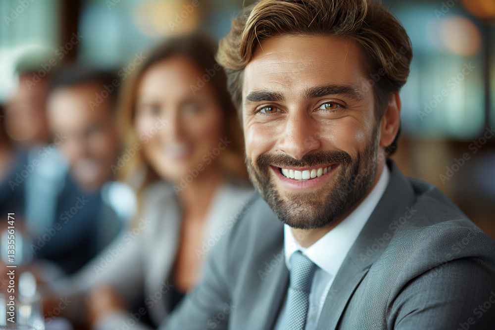 A man with a big smile on his face is wearing a suit and tie A man with a big smile on his face is wearing a suit and tie