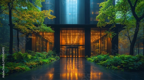 Modern building with autumn foliage
