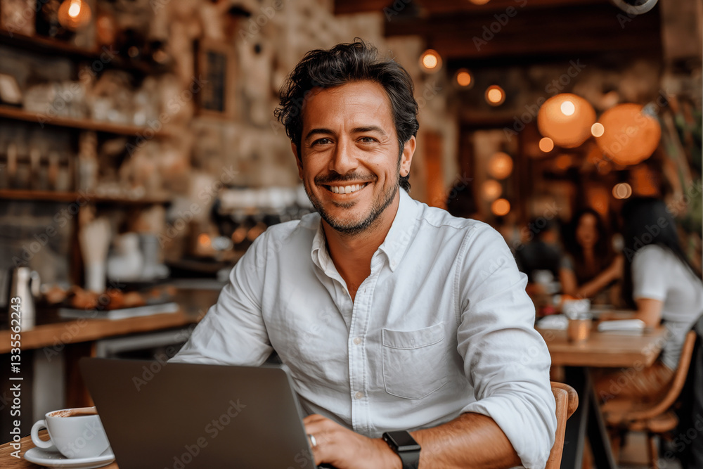 Obraz premium A man is sitting at a table with a laptop and a cup of coffee