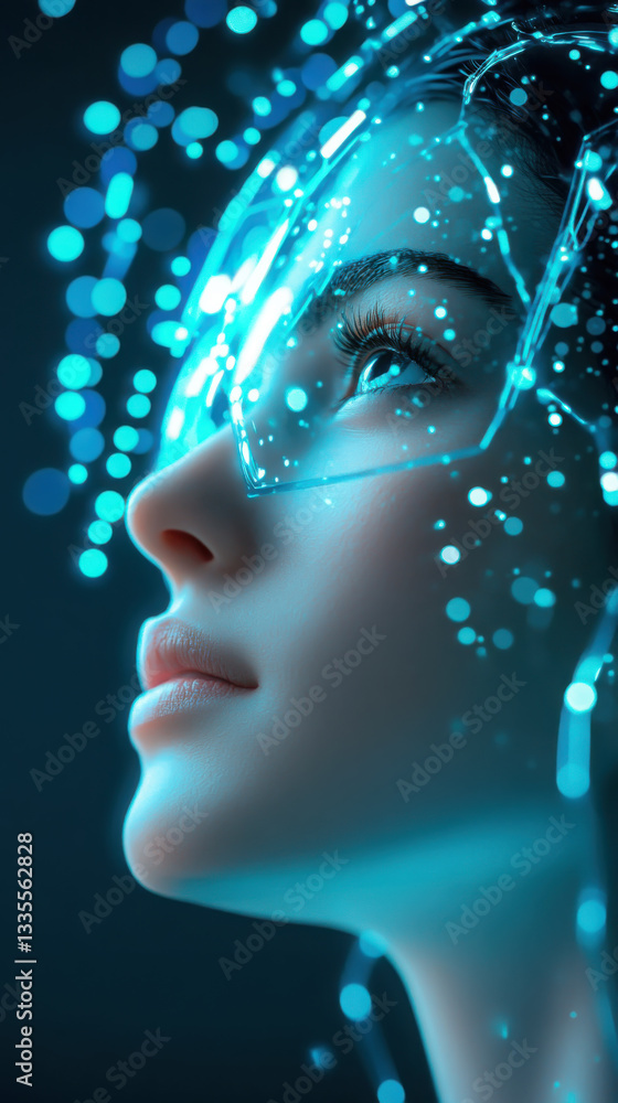 Futuristic humanoid robot face with data visualization elements Futuristic humanoid robot face with data visualization elements