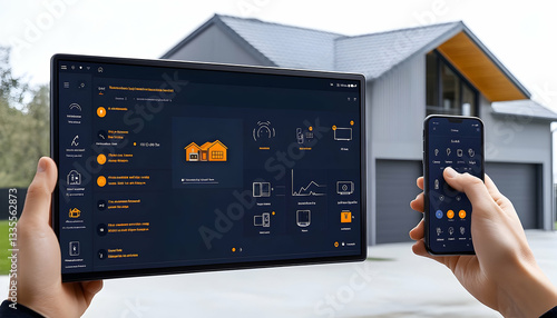 Smart home control via digital tablet and smartphone modern technology concept