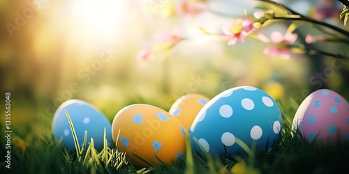 Colorful Easter Eggs Displayed Amidst Lush Green Grass and Blooming Flowers on a Sunny Day : Generative AI