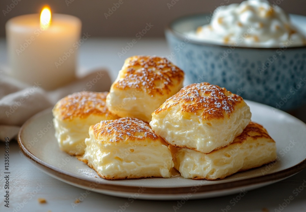 Golden-brown syrniki are placed in a cozy, warm setting with a soft candlelight ambiance and a bowl of sour cream in the background Golden-brown syrniki are placed in a cozy, warm setting with a soft candlelight ambiance and a bowl of sour cream in the background