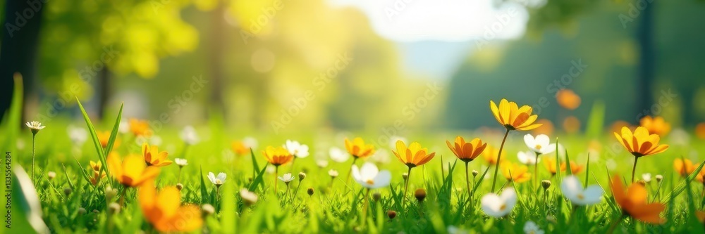 Fototapeta premium Bright sunlight on flowering meadow, vivid green grass , image, botanical
