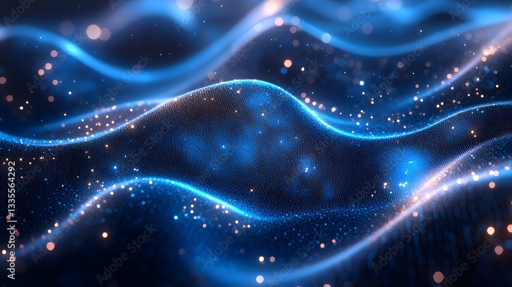 Fototapeta premium Blue light particles and wave glitters in a 3D abstract digital technology stock image,