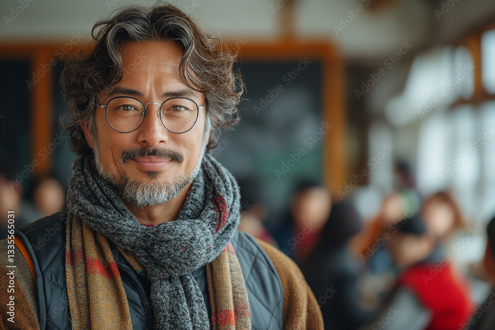 A man with glasses and a scarf is smiling A man with glasses and a scarf is smiling