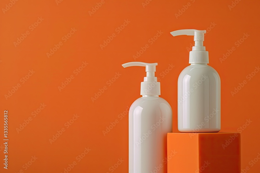 Pixel Perfect Image of White and White Soap Dispenser Bottles Against an Orange Background Pixel Perfect Image of White and White Soap Dispenser Bottles Against an Orange Background