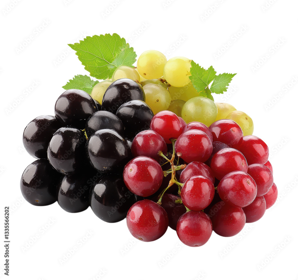 Fresh Mixed Grape Bunch with Red, Black and Green Varieties, Ripe Wine Fruit with Natural Leaves Isolated on Transparent and White Background Fresh Mixed Grape Bunch with Red, Black and Green Varieties, Ripe Wine Fruit with Natural Leaves Isolated on Transparent and White Background