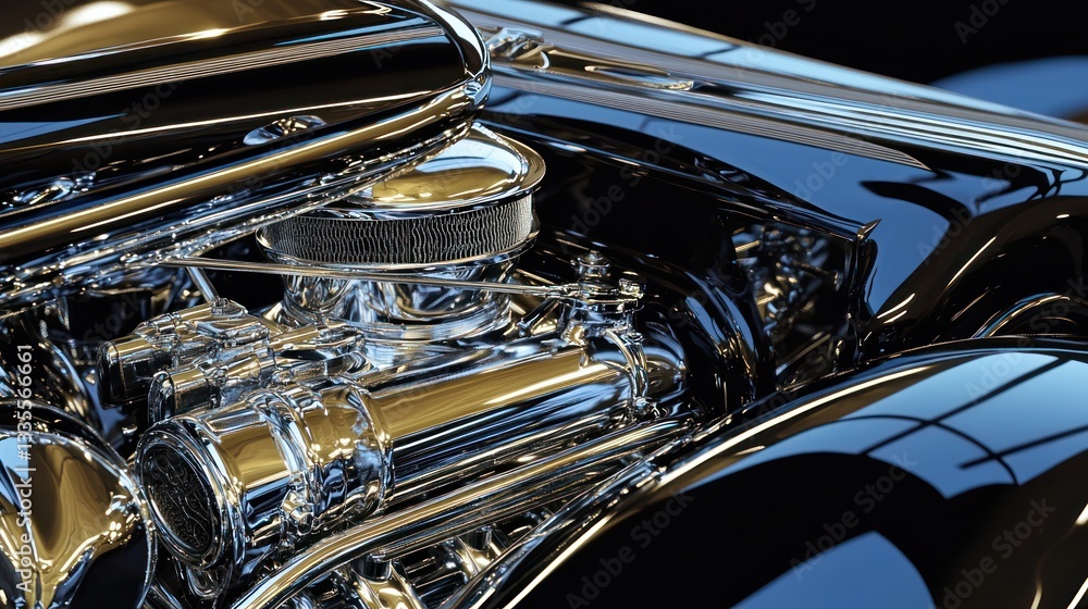 Fototapeta premium A close-up of the engine of a classic hot rod car with chrome details