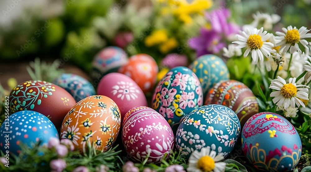 Vibrant Array of Artistically Decorated Easter Eggs Resting Among Mixed Spring Flowers and Fresh Green Grass : Generative AI Vibrant Array of Artistically Decorated Easter Eggs Resting Among Mixed Spring Flowers and Fresh Green Grass : Generative AI