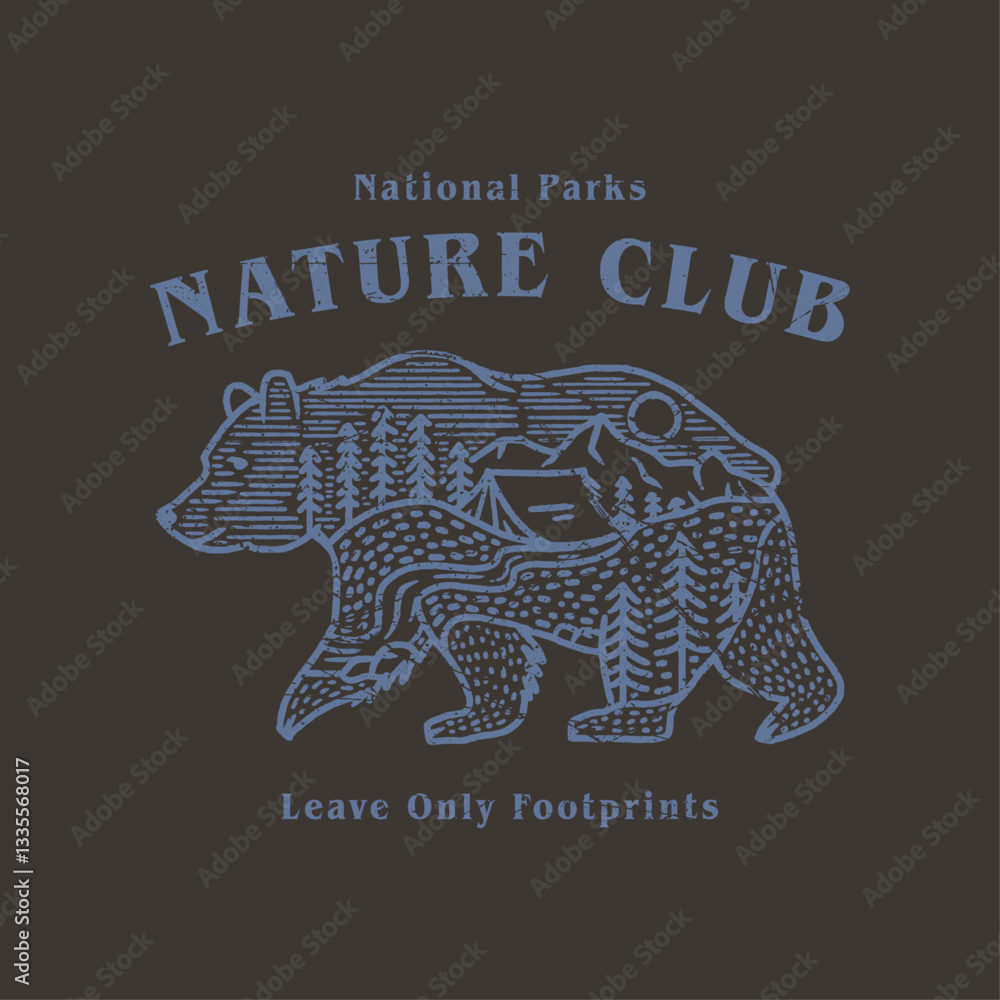 Fototapeta premium HAND DRAWN VINTAGE NATURE OUTDOORS PARKS CAMPING BEAR WILDLIFE MOUNTAIN RIVER FOREST TSHIRT TEE PRINT FOR APPAREL MERCHANDISE