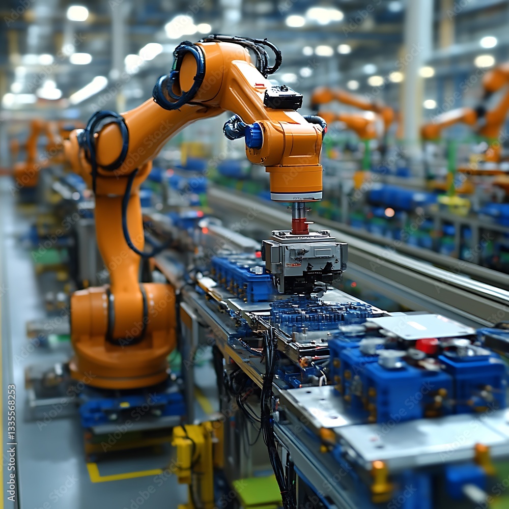 Robotic arm assembling electronics on factory line Robotic arm assembling electronics on factory line