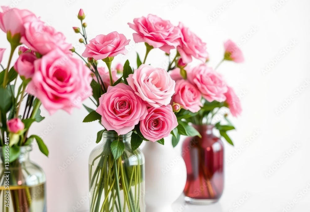 Elegant pink floral arrangement in a line of vases on a white background , floral arrangement, still life Elegant pink floral arrangement in a line of vases on a white background , floral arrangement, still life